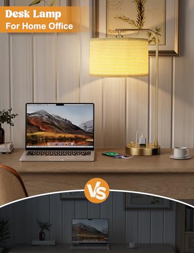 20.7" Gold Table Lamp with USB & Outlet, Fully Dimmable Nightstand Lamp - color: I-Weaving Shade & Gold Base