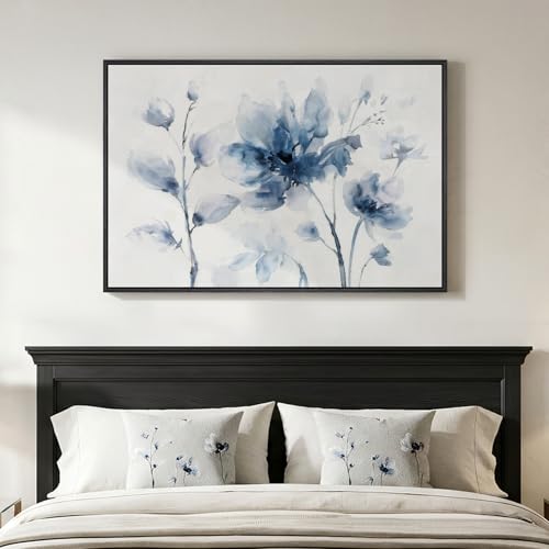 Framed Modern Minimalist Blue Pastel Floral Wall Art for Bedroom, 24x36 In - color: Blue and White-A