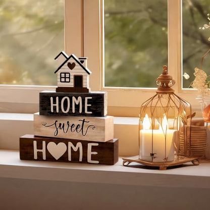 Cinnvoice 4 Pcs Wooden Block Decor Farmhouse Tiered Tray Signs - style: Wooden House