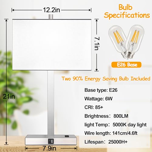 21" Set of 2 Touch Control Table Lamps with 2 USB & AC Outlets, 3-Way Dimmable Modern Nightstand Lamps for Bedroom Living Room Office Reading, White Shade Bedside Lamps, 5000K LED Bulbs Included. - color: White Linen & Brushed Nickel