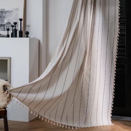 Natural Linen Blended Farmhouse Stripe Curtains Semi Sheer Living Room Light Filtering Boho Window Curtains Panels Drapes with Tassel Vintage Country Style 2 Panels Set 59"W x 86"L (Pack of 1) - color: White, size: 59"W x 86"L (Pack of 1)