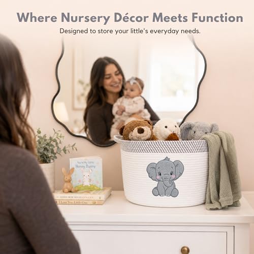 Elephant Baby Storage Basket, Woven Cotton Rope Nursery Bin, 15x11 in - color: Neutral Elephant