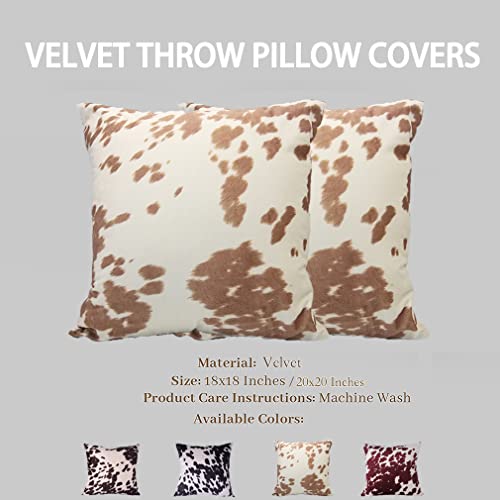 Velvet Throw Pillow Covers Beige Tan Cow Cowhide Print Couch Pillows 18x18 - color: Light Brown, size: 18" x 18" (Pack of 2)