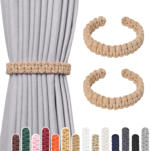 NICEEC 2 Pack Natural Cotton Rope Curtain Tiebacks Farmhouse Rustic Style Decorative Drape Tie Backs Handmade Braided Curtain Holdbacks for Home & Office Sheer/Light Weight Drapery (C-Dark Beige-L) - color: Dark Beige-large, size: 2 Pack