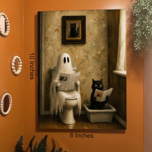 Halloween Bathroom Wall Art Canvas Print Framed Ghost Black Cat in Poster - color: Z