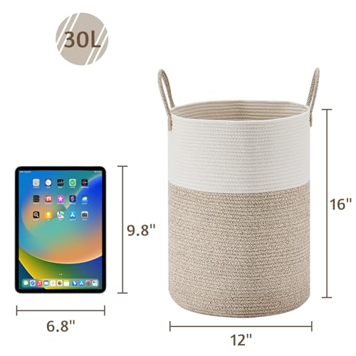 VIPOSCO 30L Small Woven Laundry Basket Hamper, White Brown - color: Brown, size: 30L