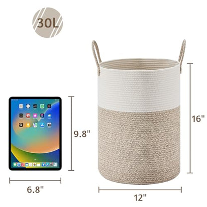 VIPOSCO 30L Small Woven Laundry Basket Hamper, White Brown - color: Brown, size: 30L