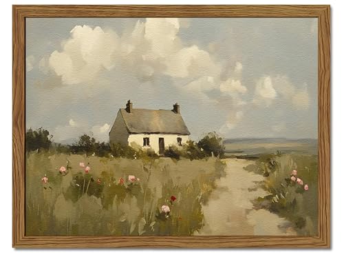 Vintage Farmhouse Wall Art, Country Cottage Wall Decor Paintings, Framed 3D Textured Hand Drawn Sandstone Natural Countryside Landscape Artwork for Bedroom Living Room 12x16 inch Wood Frame - color: Color D, size: 16"L x 12"W