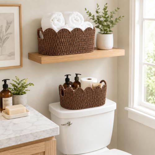 Endymion Set of 2 Paper Rope Scalloped Basket, Wicker Storage Baskets - color: Coffee