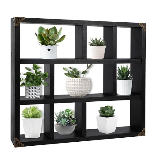 17.7x15.7-Inch Shadow Box Shelf 9-Slot Rustic Floating Shelves Larger Wall Mounted Shelf Lightweight Solid Wood Display Freestanding Farmhouse Shelf (Set of 2,9C-Classic Black) - color: 9c-classic Black, size: 2 PCS