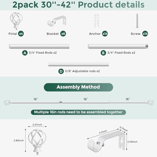 2 Pack White Curtain Rod 30-42 Inch, Adjustable Curtain Rods for Windows - color: White, size: 30"-42"|2 Pack