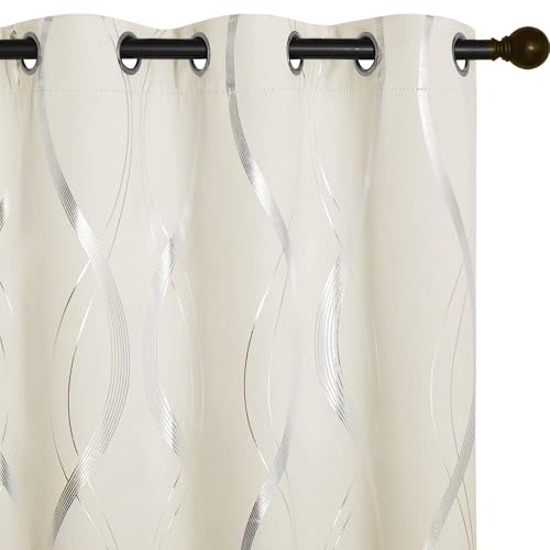 NICETOWN Beige Kitchen Curtains Small Blackout Panels 34 by 54 Inch, Set of 2, Window Treatment Thermal Insulated Solid Grommet Room Darkening Wave Line Foil Print Design Drapes for Cafe, Loft - color: 1 - Beige, size: 34"W x 54"L (Pack of 2)