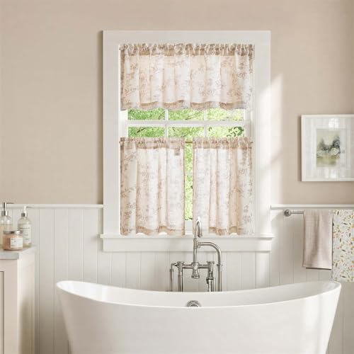 jinchan Taupe Linen Floral Kitchen Tier Curtains and Valance Set 3 Pieces - color: Alisa | Taupe on Linen, size: 26"W x 24"L (Pack of 3)