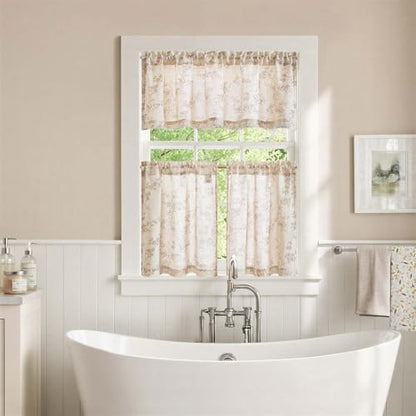 jinchan Taupe Linen Floral Kitchen Tier Curtains and Valance Set 3 Pieces - color: Alisa | Taupe on Linen, size: 26"W x 24"L (Pack of 3)