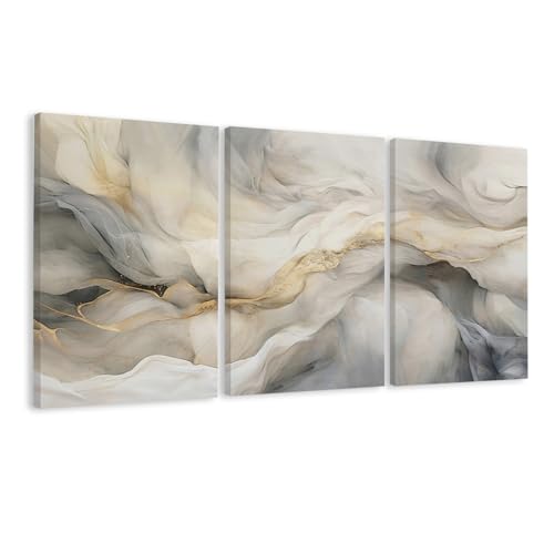 EJPFOGV Triptych Grey White Gold Wrapped Canvas Wall Art 16x24 inches x3 | Wooden frame, UV-resistant ink, Giclée printing process, Pre-installed hooks make it easy to hang home or office wall decor - color: cloud yarn, size: 24"L x 16"W