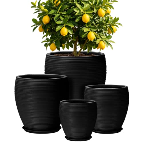 QRRICA Large Round Plastic Planter Set of 4 – 19+16+13+10 Inches with Drainage & Rubber Plugs – Indoor Outdoor Pots for Flowers, Vegetables, Herbs (Black, 19+16+13+10 inch) - color: Black, size: 19+16+13+10 inch