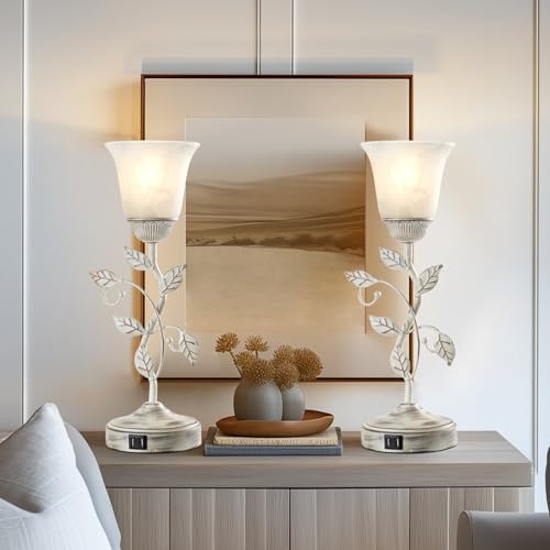 Set of 2 Rustic Touch Table Lamps for Bedroom 2 USB C+A - color: 2 Pack - Retro White