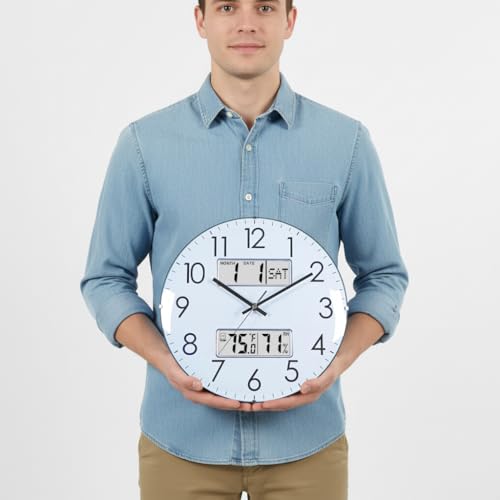 Nbdeal 13-Inch Analog Silent Wall Clock with Calendar Temperature & Humidity (White) - color: White