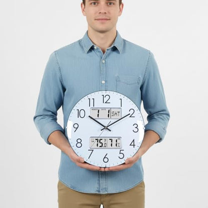 Nbdeal 13-Inch Analog Silent Wall Clock with Calendar Temperature & Humidity (White) - color: White