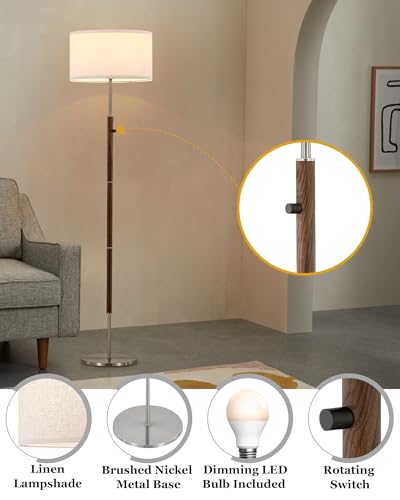ELYONA Dimmable Floor Lamp Walnut Wood Grain & Brushed Nickel Standing Lamp Mid Century Modern Coner Pole Lamp with White Fabric Shade & Rotary Switch for Living Room Bedroom Office,LED Bulb Included - color: Walnut Wood Grain & Brushed Nickel