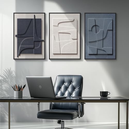 3D Textured Framed Blue and White Abstract Wall Art Set, 3 Piece, 16x24 In - color: Blue and White, size: 16"w X 24"h X 3pcs