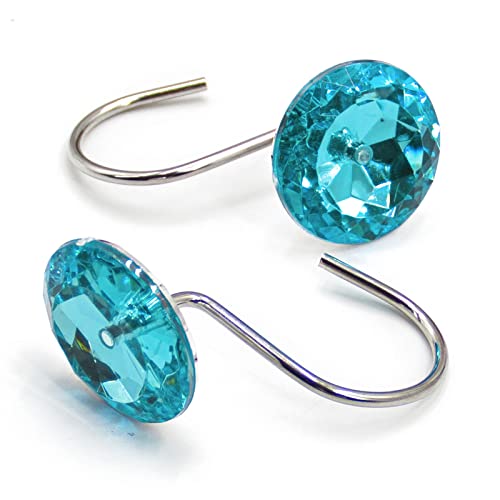 Crystal Diamond Round Shower Curtain Hooks Rings for Bathroom,Aqua,12PCS - color: Aqua