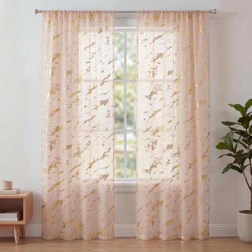 Horaldaily 2Pcs Pink Sheer Curtains for Window 52x84in, Gold Sequin Marble - color: Pink and Gold, size: 52"W x 84"L (Pack of 2)