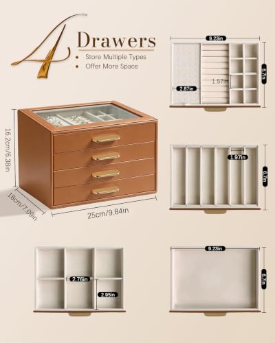 Homeanda Jewelry Boxes Organizer with Glass Lid, 4-Layer PU Leather, Brown - color: Brown, size: 4 Layer