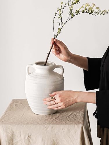 White Ceramic Vase with Handles, 9.5Inch, Farmhouse Rustic, Sandstone White - color: Winnie - Sandtone White, size: M(8.8"-9.8")