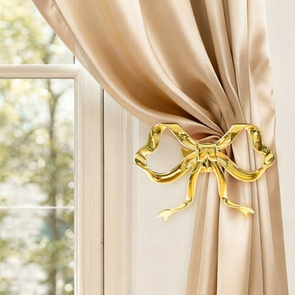 2 Pack Metal Bow Curtain Holdbacks Tiebacks, Wall Mounted Curtain Hooks, Bow Curtain Tiebacks for Living Room Bedroom Office Home, Gold