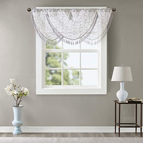 Madison Park Diamond Embroidered Sheer Ascot Valance, 38x46 White/Grey - color: White/Grey, size: 38"W x 46"L (Pack of 1)
