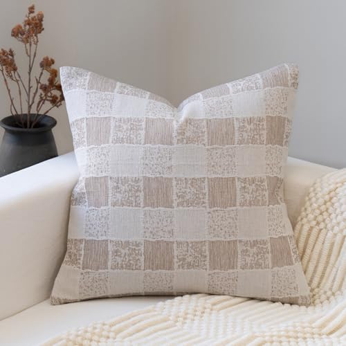 FIOUOVO Decorative Neutral Throw Pillow Covers 20x20 Farmhouse Pillow Covers Cotton Check Cushion Covers Home Decor for Sofa Couch Living Room Bedroom 1PC, Taupe Check - color: Taupe Check, size: 20" x 20" (Pack of 1)