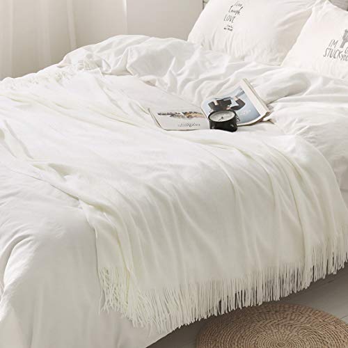 Homiest Ivory Knitted Throw Blanket with Fringe, 50x60 Inch - color: Ivory, size: 50" x 60"