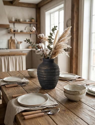 NiHome 6.7" Ribbed Ceramic Bud Vase, Farmhouse Flower Vase, Rustic, Black - color: Black
