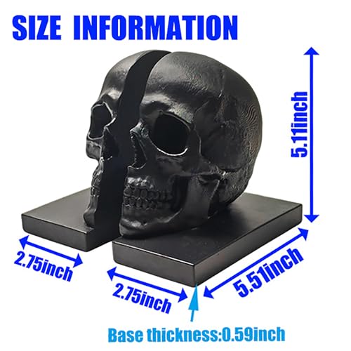 Heavy Duty Resin Skull Bookends, Gothic Shelf Desk Decor (Black)