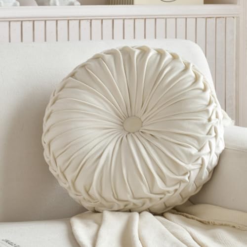 Teieas Round Throw Pillow Velvet Pleated Round Pillow Cushion - color: Beige