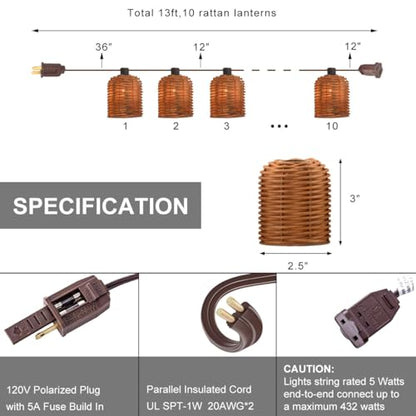 Natural Rattan String Lights, 10 Rustic Raffia Cage, 13 Ft Plug in & Connectable Wicker Lights,Natural Color Rattan - color: Natural Rattam