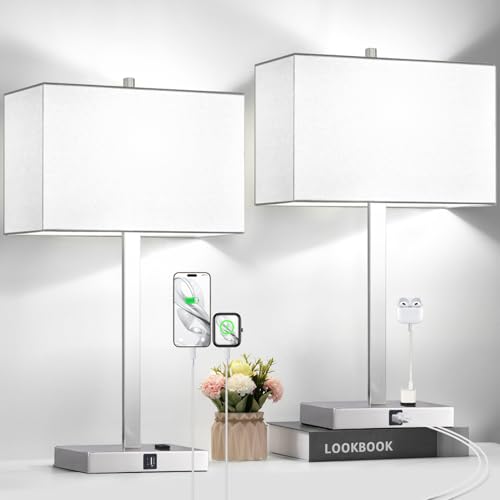 21" Set of 2 Touch Control Table Lamps with 2 USB & AC Outlets, 3-Way Dimmable Modern Nightstand Lamps for Bedroom Living Room Office Reading, White Shade Bedside Lamps, 5000K LED Bulbs Included. - color: White Linen & Brushed Nickel