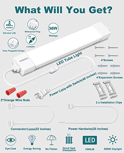 LED Tube Light Fixture with Plug, 2FT 2000LM 5000K Utility Shop, Linkable Cabinet for Garage, Kitchen, Bathroom, Closet, Office - 2Ft, Triproof, White - size: 2FT-1PCS