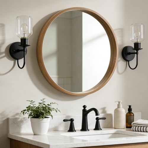WallBeyond 28 Inch Natural Round Wood Mirror, Large Circle Wooden Frame Wall Mirror for Bathroom, Living Room, Bedroom, Entryway - color: Natural, size: 28"L x 28"W