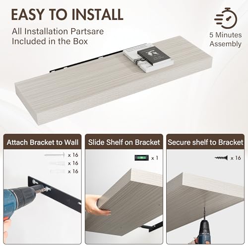 Acovy 40 Inch Floating Shelves, 12" Deep Floating Shelf Wall Mounted, 40" Wall Shelves, Rustic Deep Bookshelf, Extra Deeper & Thicker Display Shelves for Bedroom, Living Room, Gray, Set of 2 - color: Grey, size: 12"Wx40"L-2pcs