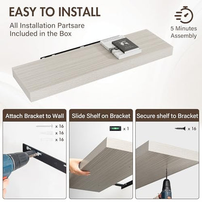 Acovy 40 Inch Floating Shelves, 12" Deep Floating Shelf Wall Mounted, 40" Wall Shelves, Rustic Deep Bookshelf, Extra Deeper & Thicker Display Shelves for Bedroom, Living Room, Gray, Set of 2 - color: Grey, size: 12"Wx40"L-2pcs
