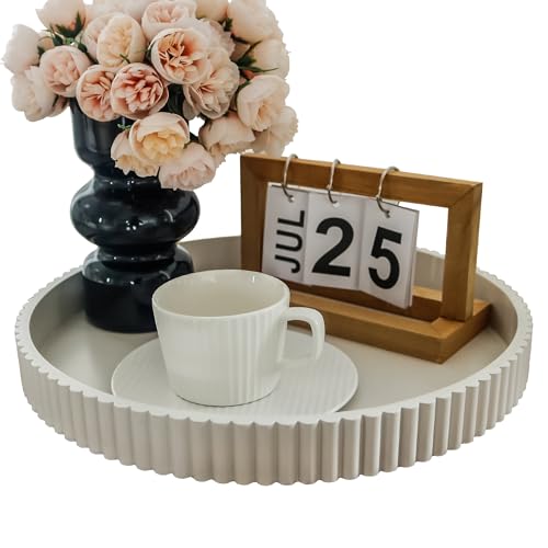 Round Decorative Tray for Coffee Table Decor, 11.8in Cream White Decorative Serving Tray for Kitchen Counter,bandejas decorativas, Wooden Serving Tray for Party - color: Cream