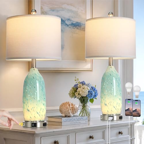 Rinweey 26" Bule Glass Table Lamps Set of 2,Nautical lamp with USB A+C Ports & AC Outlet,Coastal Bedside Lamps with 3-Way Dimmable Touch Control Night Light for Bedroom Living Room,Sky Blue - color: Sky Blue