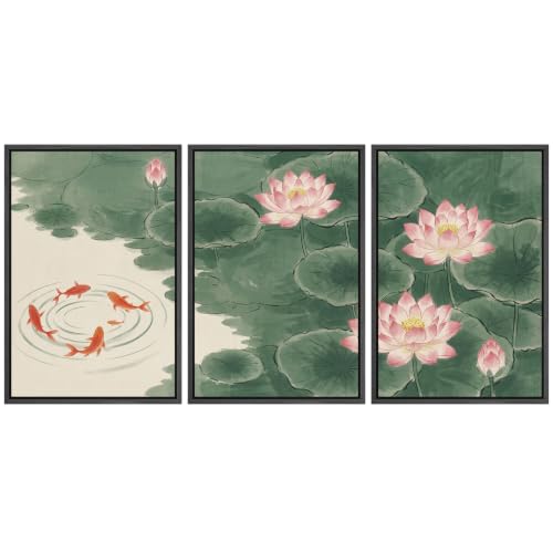 wall26 Framed Canvas Print Wall Art Set Lotus Koi Fish Illustrations Fine Art Decorative for Living Room, Bedroom, Office - 16"x24"x3 BLACK - color: A18-2608-YUK14, size: 16" x 24" x 3 Panels BLACK