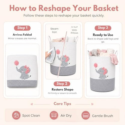 Elephant Baby Laundry Basket for Girl Nursery, Pink Rope Hamper, 20x15 in - color: Girl Elephant