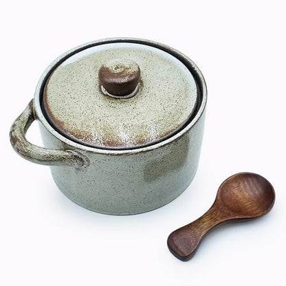 12 oz Ceramic Salt Cellar with Lid & Wooden Spoon,Countertop Salt Container,Sugar Bowl,Spices Jar| Artisan Kitchen Decor(Coarse Pottery) - color: Coarse Pottery B