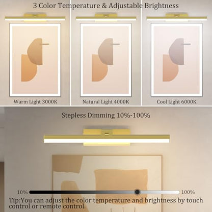 15.5In Battery Operated Picture Light 10000mAh Rechargeable Art Light Wireless Gallery Light 3CCT Dimmable for Paintings - color: Gold