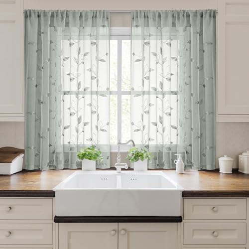 HOMEIDEAS Sage Green Kitchen Curtains Leaf Embroidered, 52x45, 2 Panel - color: 1-sage Green, size: 52"W x 45"L (Pack of 2)