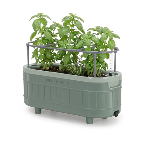Permasteel Herb Garden Planter with Trellis Support, Self-Watering System with Water Level Indicator, Fits Multiple Herb Plants, for Basil, Flowers, Succulents, Indoor & Outdoor, Green - color: Green